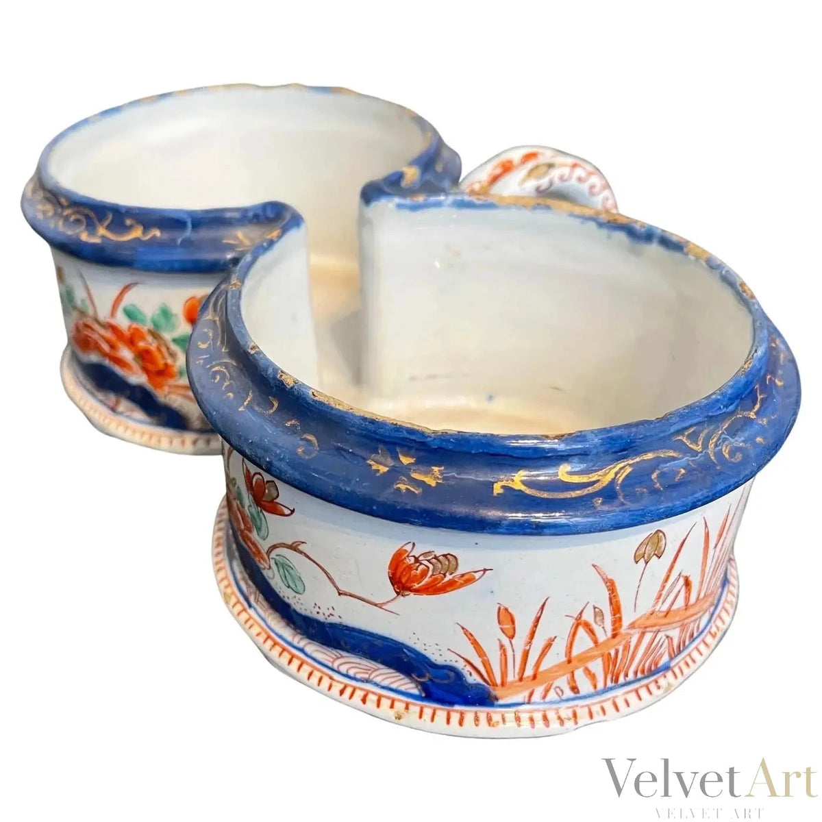 Vinagrera y aceitera policromada de cerámica de Delft, Holanda, 1750