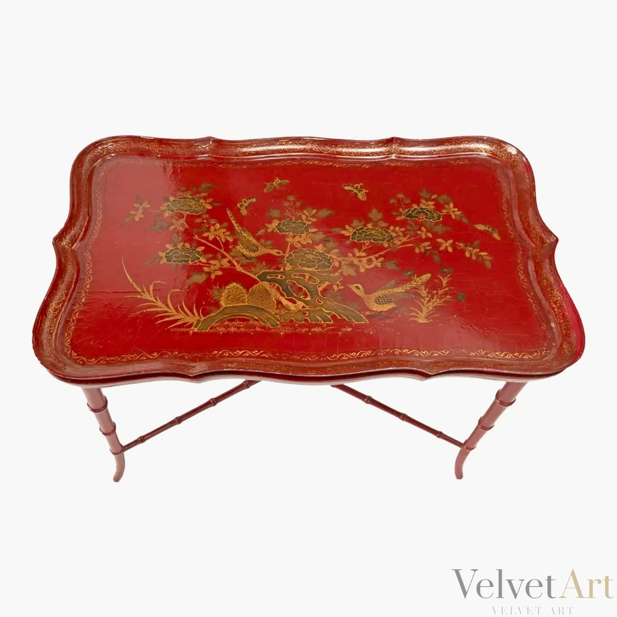 Mesa Roja de Bambú, Chinoiserie, Francia, 1960