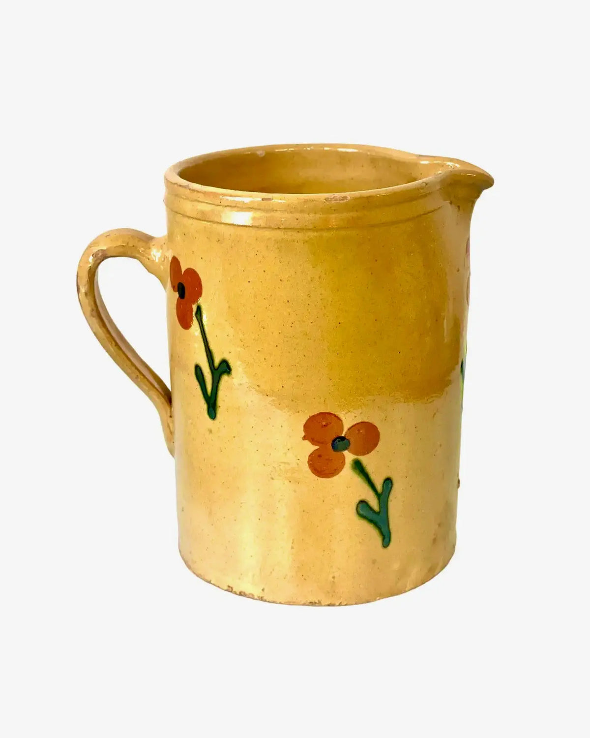 Jarra Francesa de Terracota Vidriada Color Crema con Flores Siglo XIX
