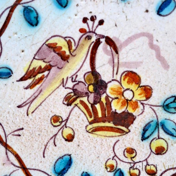 Azulejo de Manises con Ave y Flores | Valencia, Siglo XVII