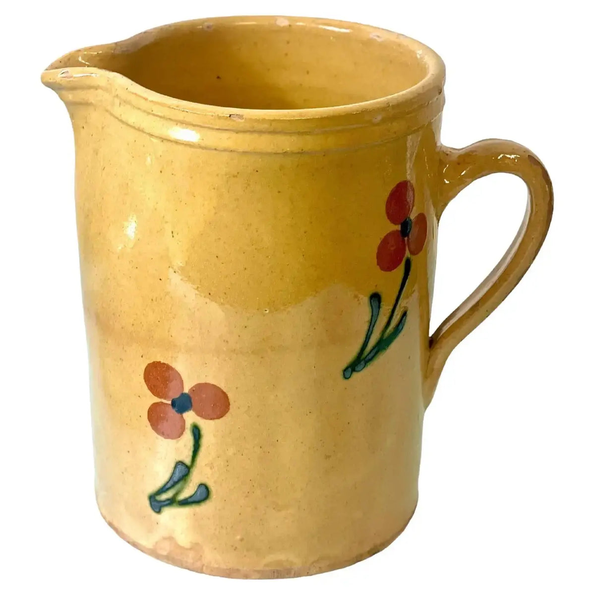 Jarra Francesa de Terracota Vidriada Color Crema con Flores Siglo XIX