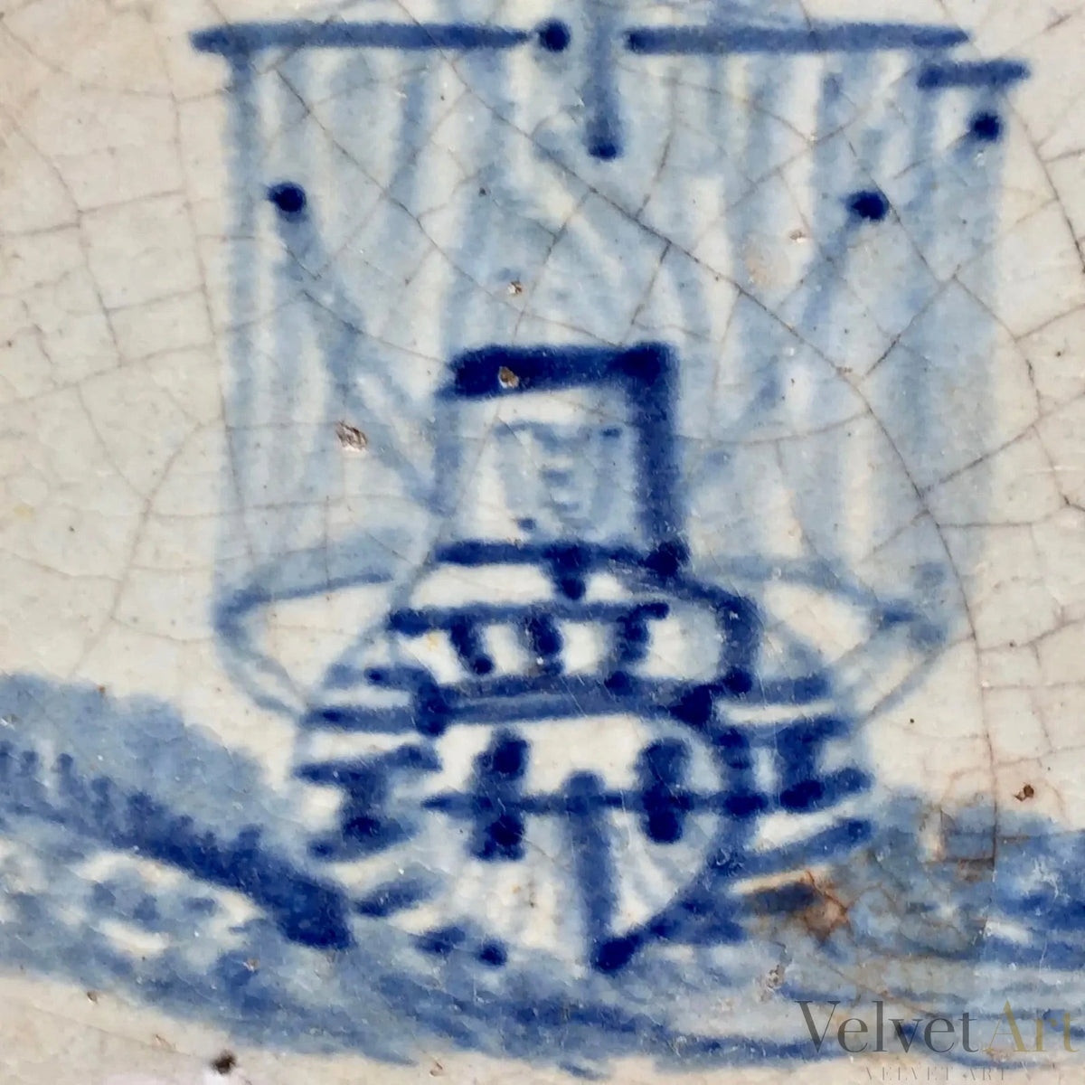"Barco de la VOC: Amsterdam” | Azulejo de Delft con Escudo de Ámsterdam, Siglo XVII