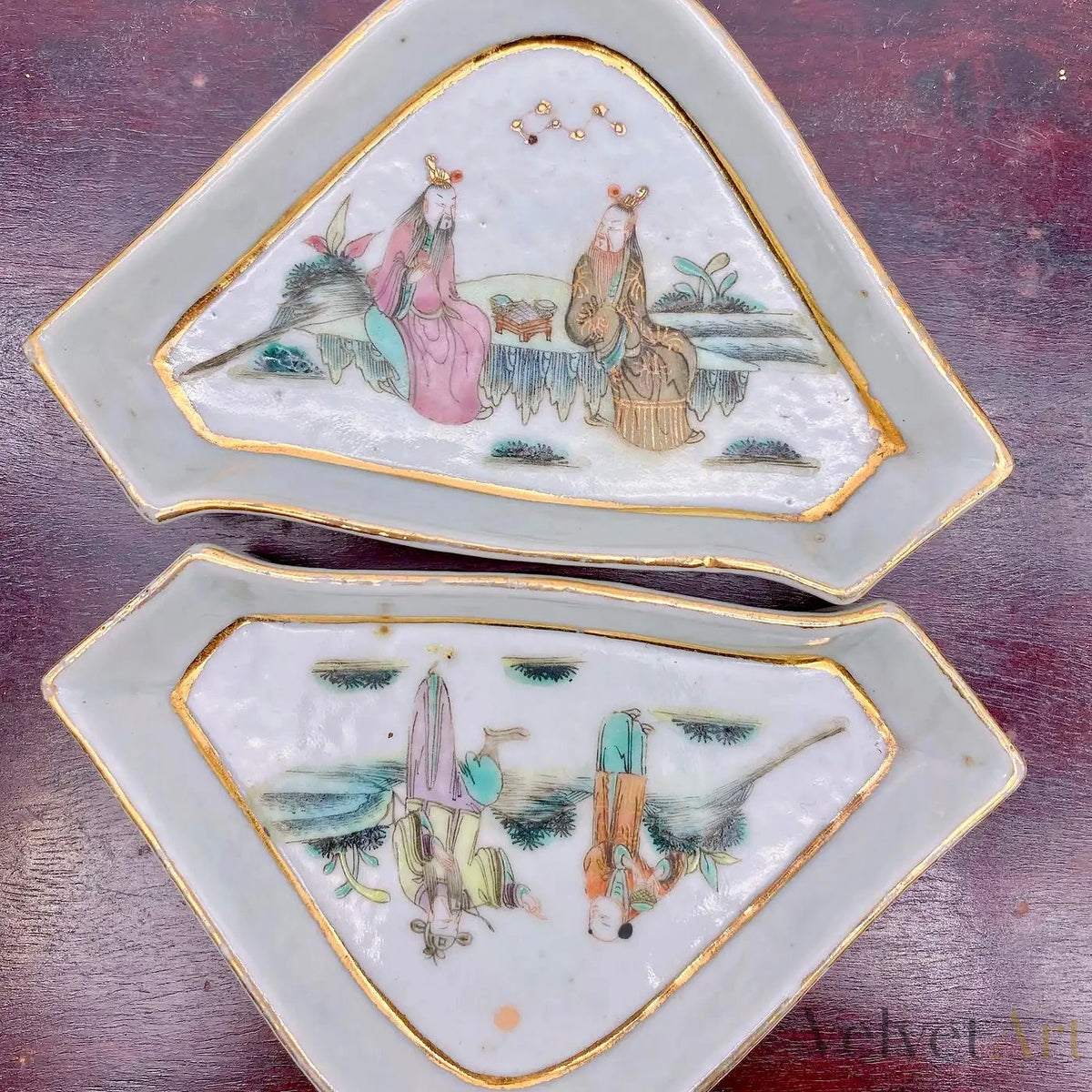 9 Platos Dulceros Famille Rose con Caja de Palo de Rosa | Porcelana Qing