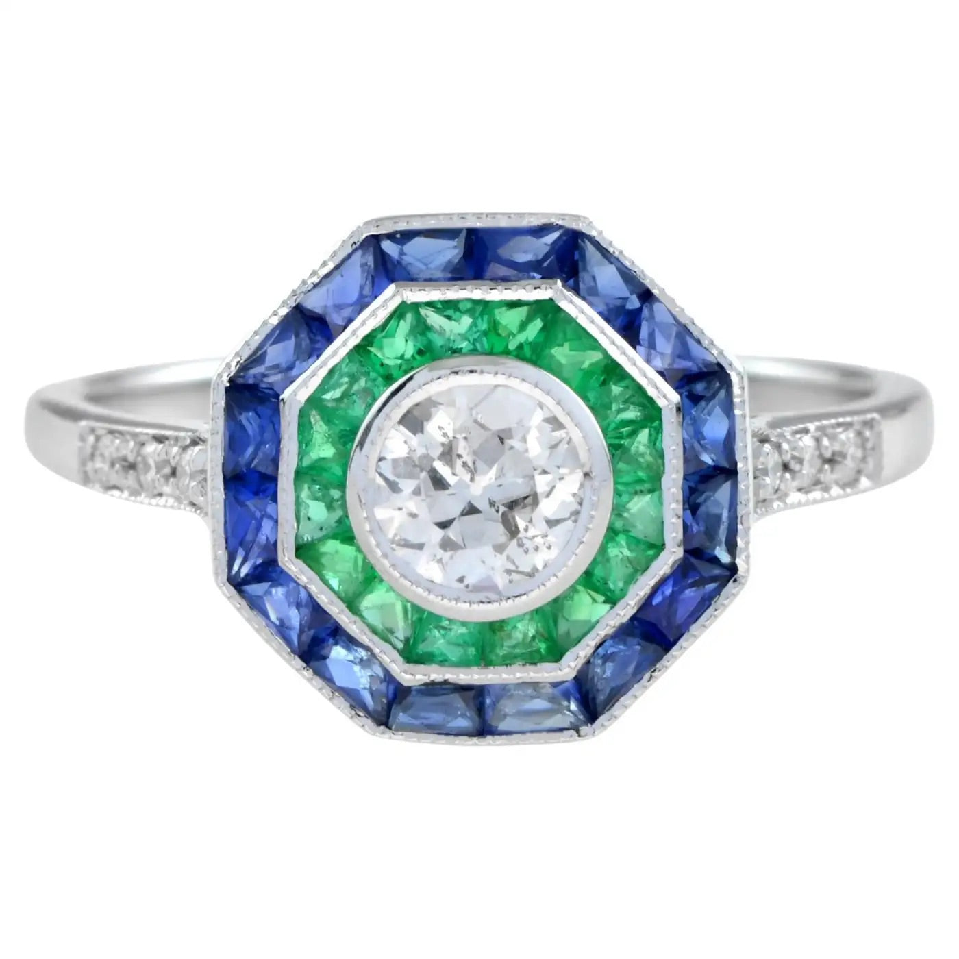 Anillo de Compromiso de Diamantes con Zafiro y Esmeralda