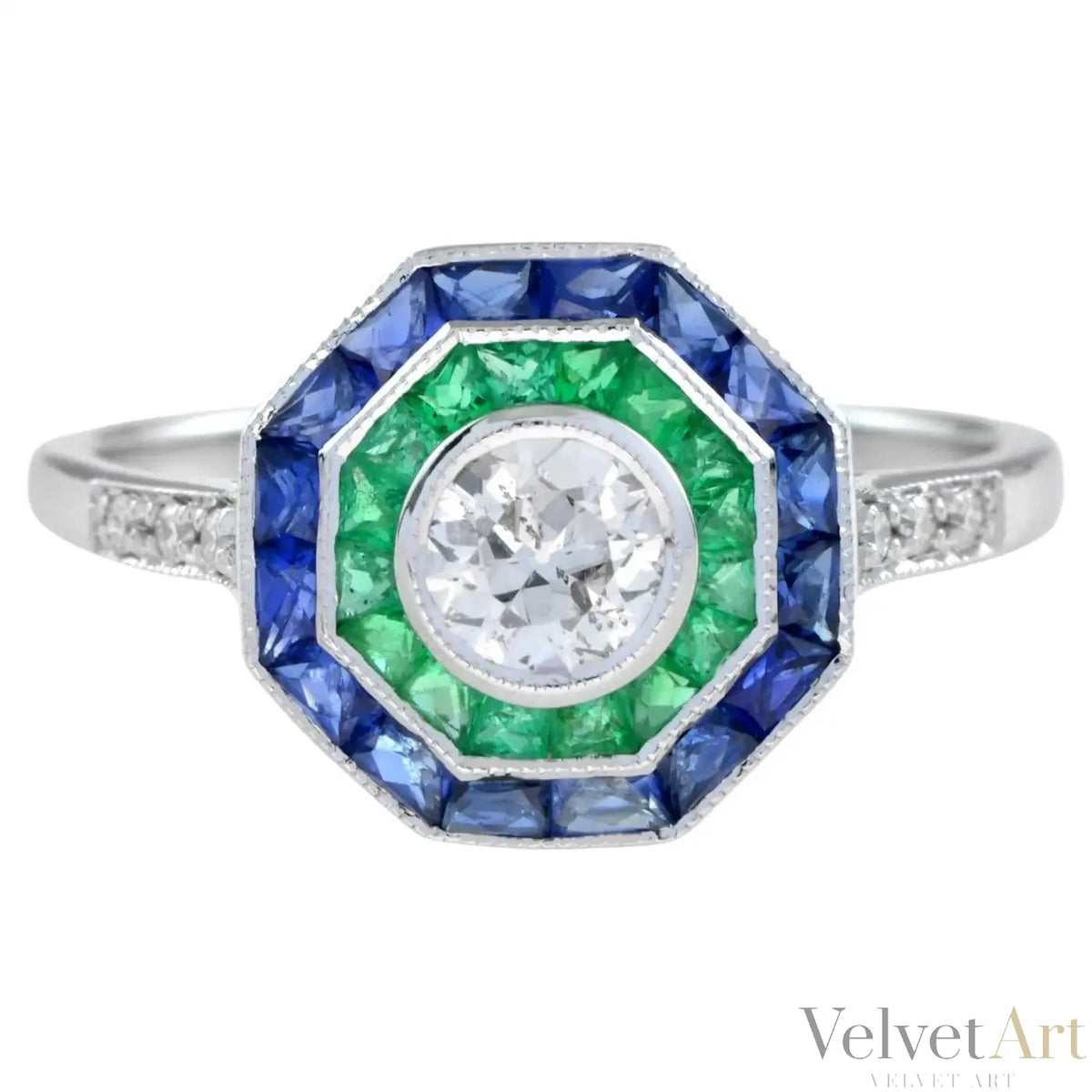 Anillo de Compromiso de Diamantes con Zafiro y Esmeralda