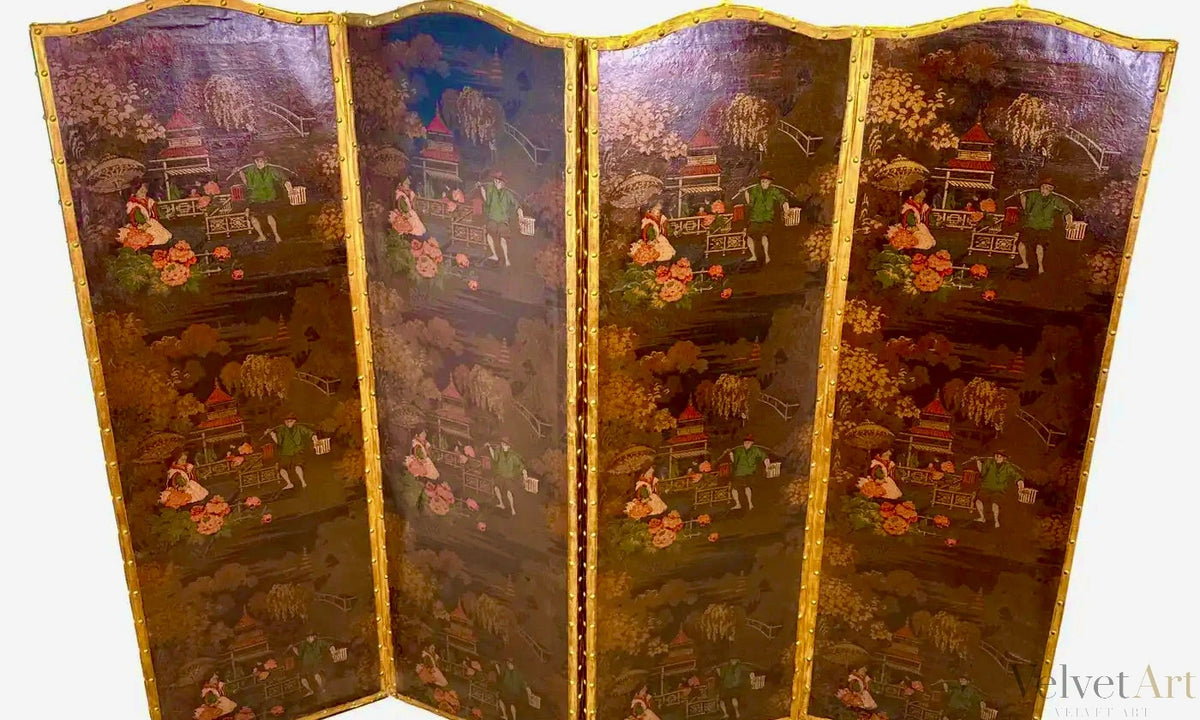 Biombo Chinoiserie Victoriano de Cuero y Cuatro Pliegues | Inglaterra, 1890