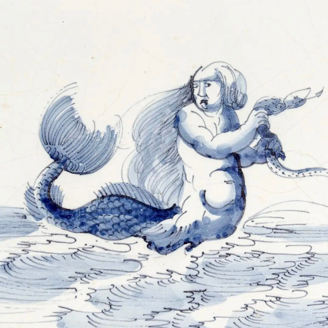 Sirena con Serpiente | Azulejo Holandés de Delft del Siglo XVIII