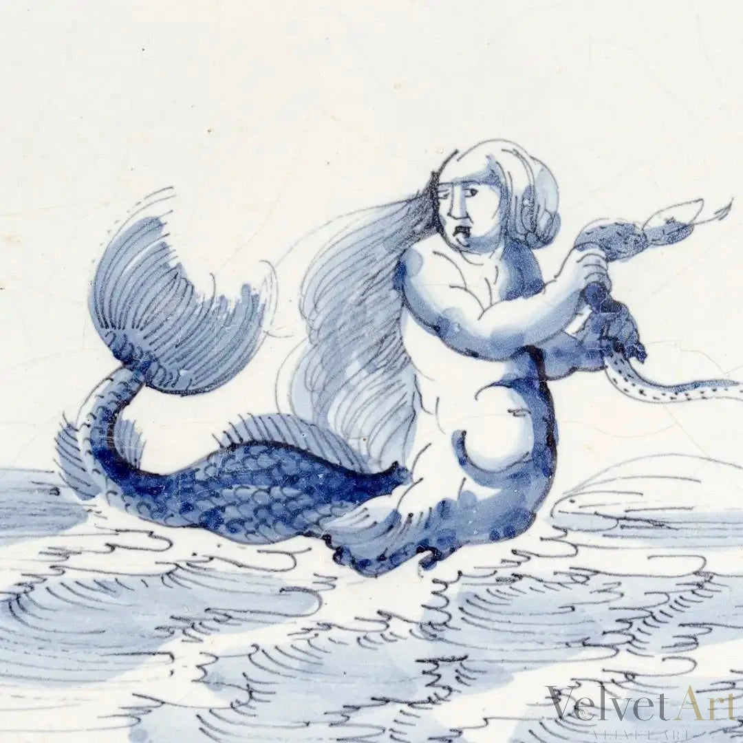 Sirena con Serpiente | Azulejo Holandés de Delft del Siglo XVIII