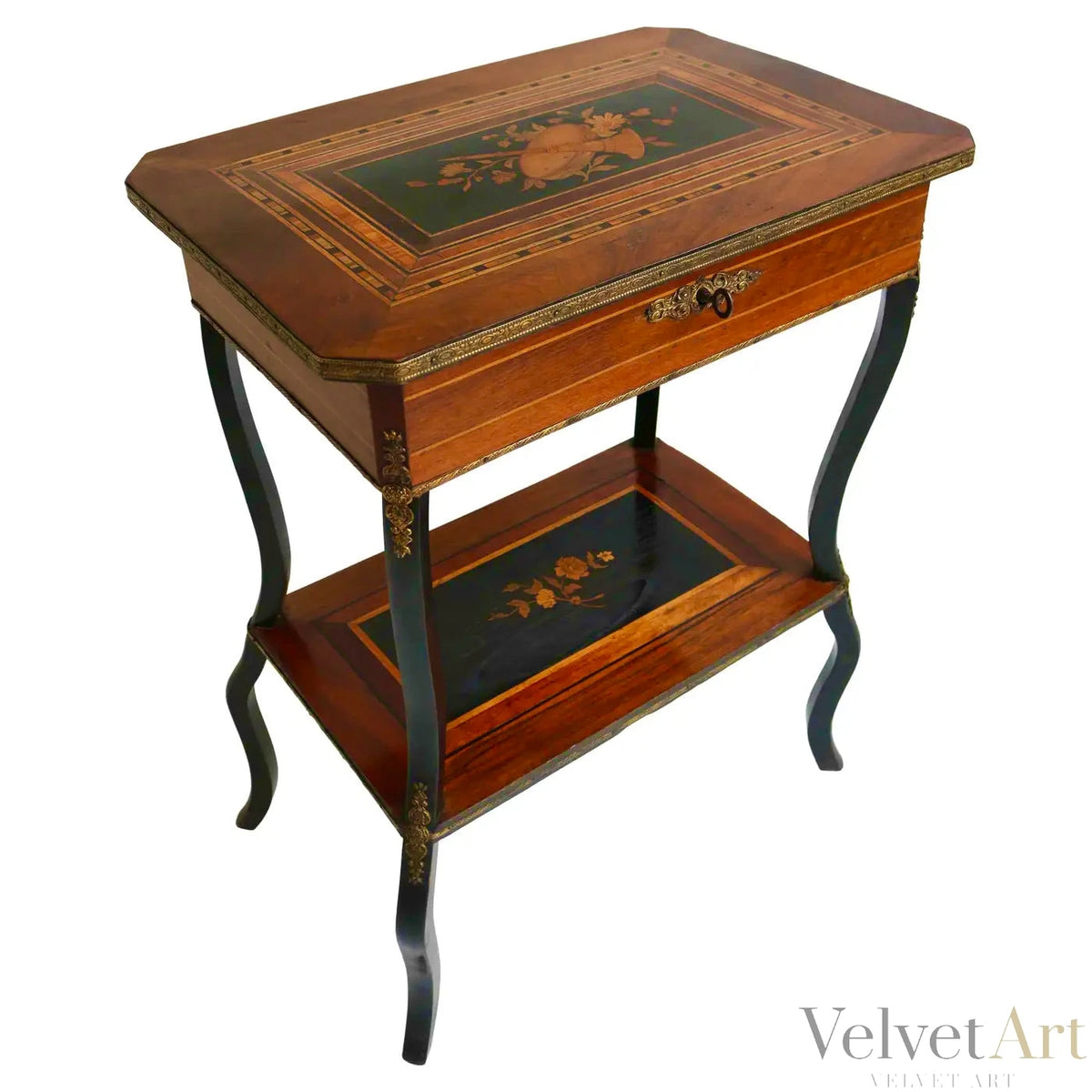 Mesa Auxiliar Napoleón III con Marquetería Floral e Instrumental, Francia 1860