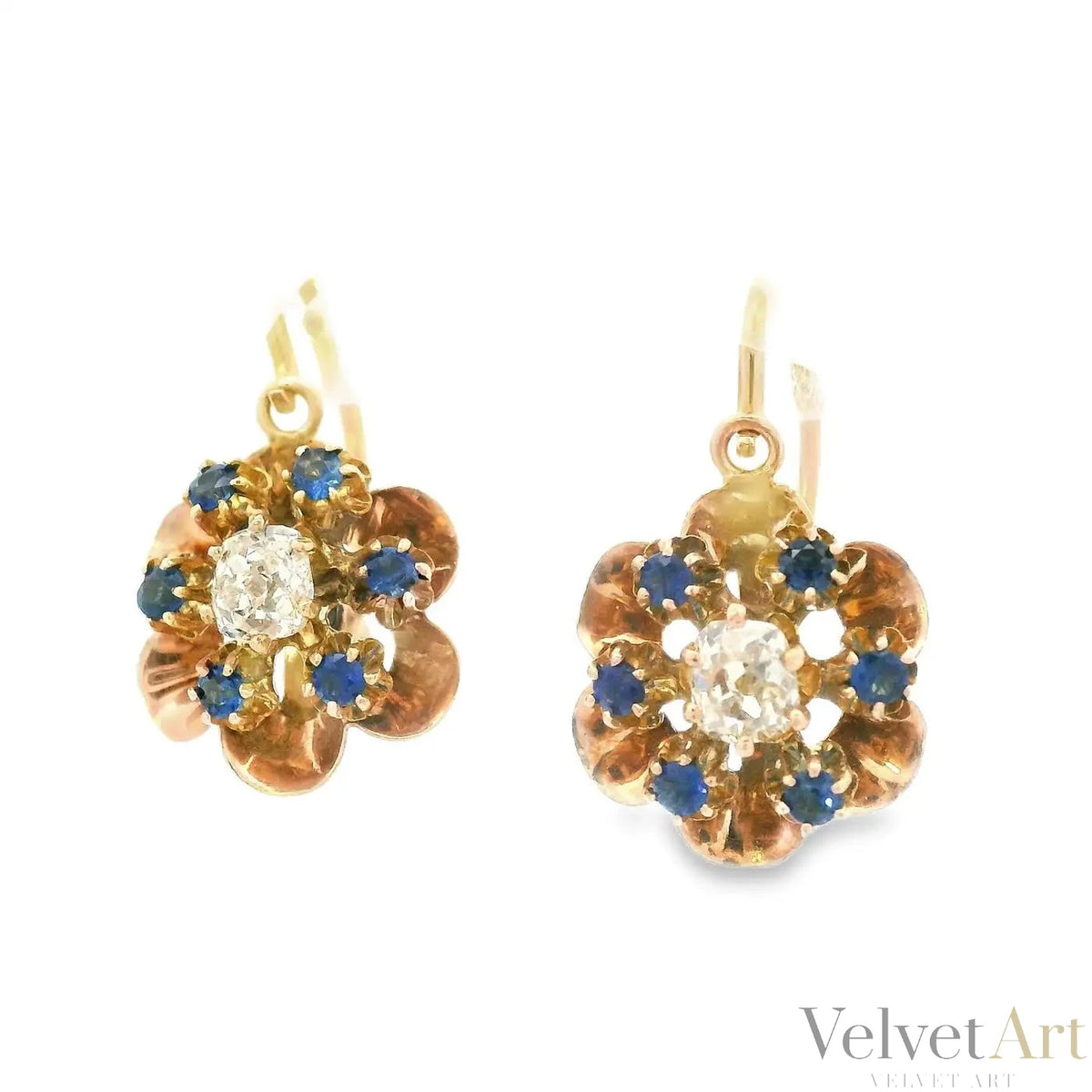 Pendientes Victorianos Motivo Floral con Diamantes y Zafiros de 1890