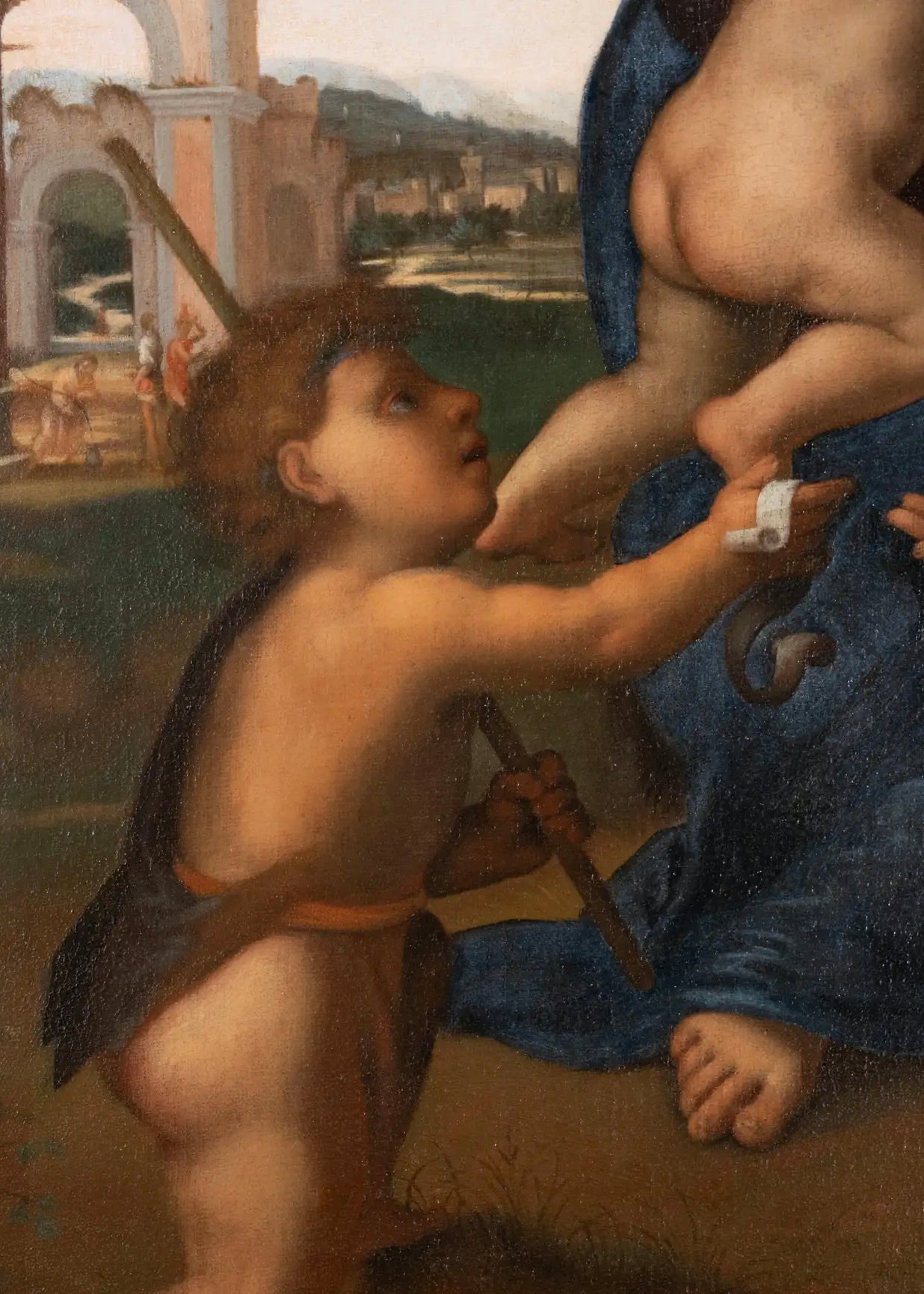 La Virgen con el Niño y San Juan Bautista: Pintura Italiana del Siglo XVII Inspirada en Franciabigio