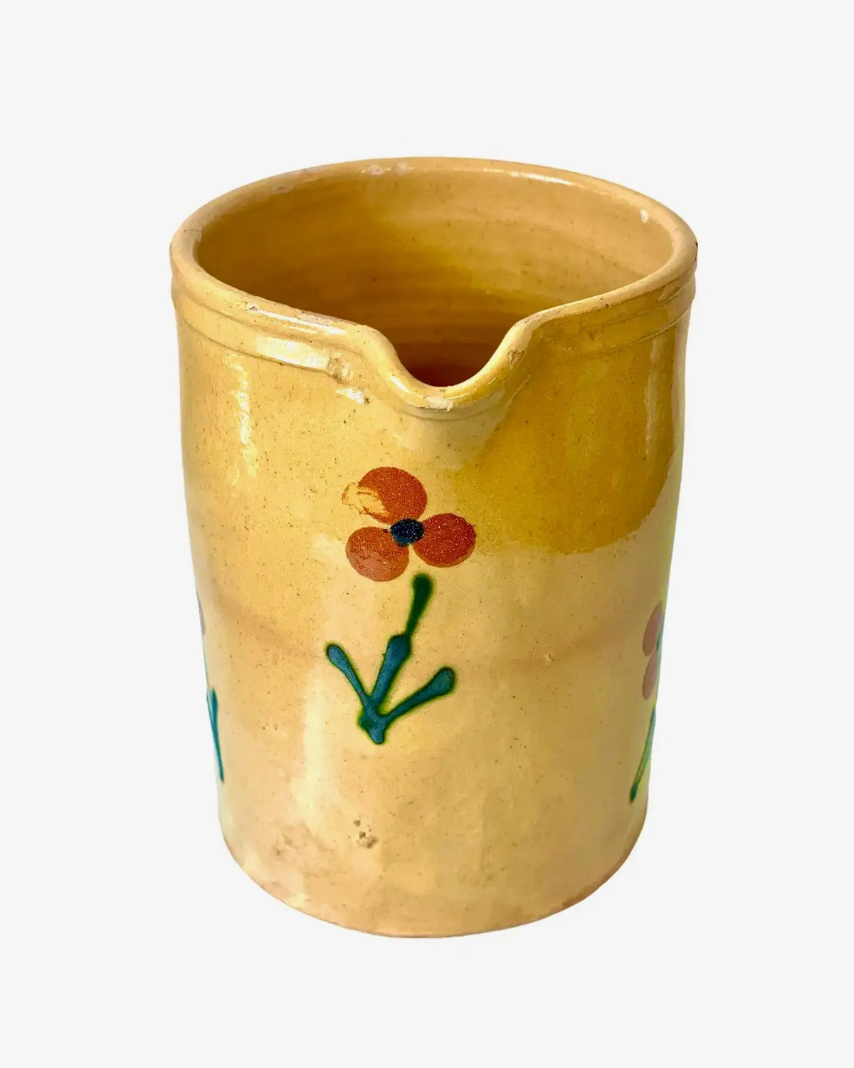 Jarra Francesa de Terracota Vidriada Color Crema con Flores Siglo XIX