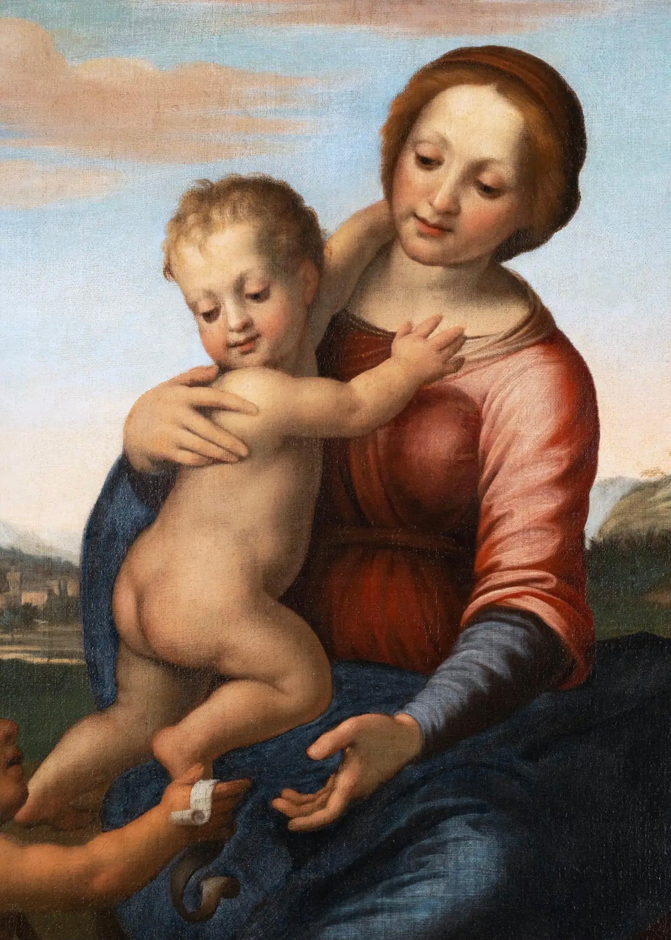 La Virgen con el Niño y San Juan Bautista: Pintura Italiana del Siglo XVII Inspirada en Franciabigio