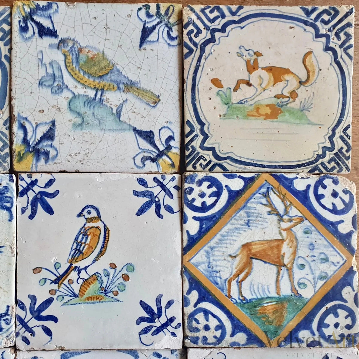 12 Azulejos Holandeses Policromados de Delft – Siglo XVII, 13 x 13 cm