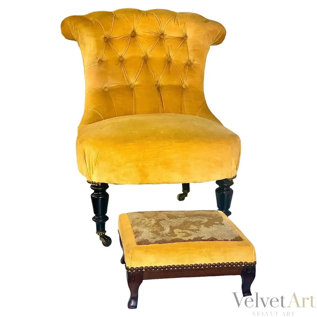 Silla de Terciopelo Amarillo con Escabel, Francia, 1860