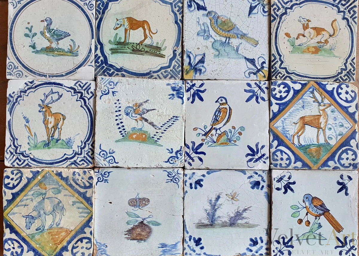 12 Azulejos Holandeses Policromados de Delft – Siglo XVII, 13 x 13 cm