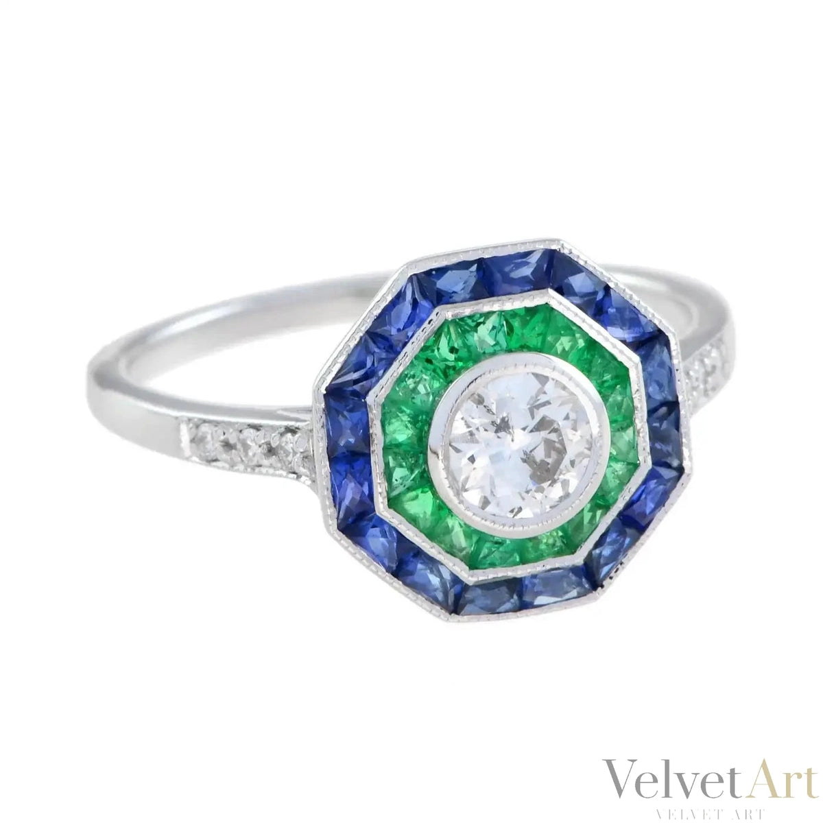 Anillo de Compromiso de Diamantes con Zafiro y Esmeralda – vista 2 de 3