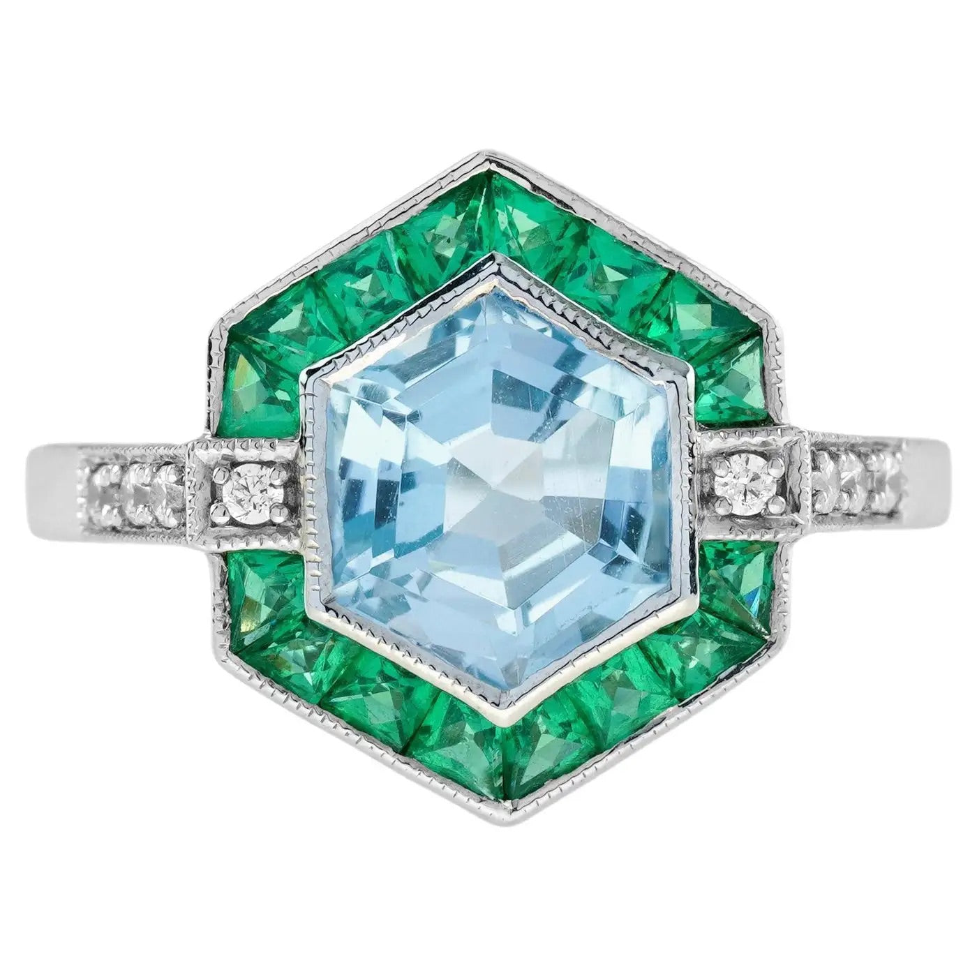 Anillo Hexágono Esmeralda y Aguamarina