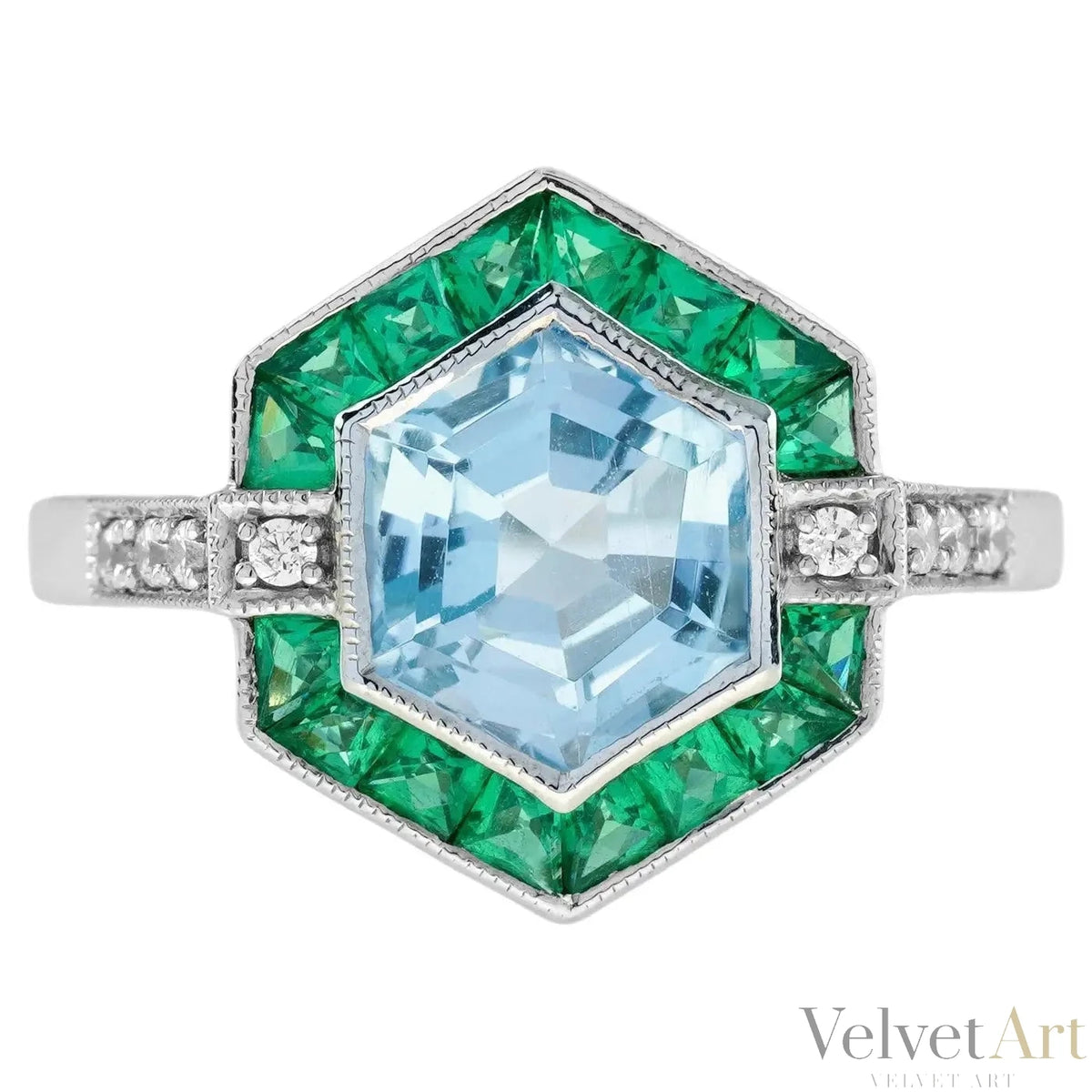 Anillo Hexágono Esmeralda y Aguamarina