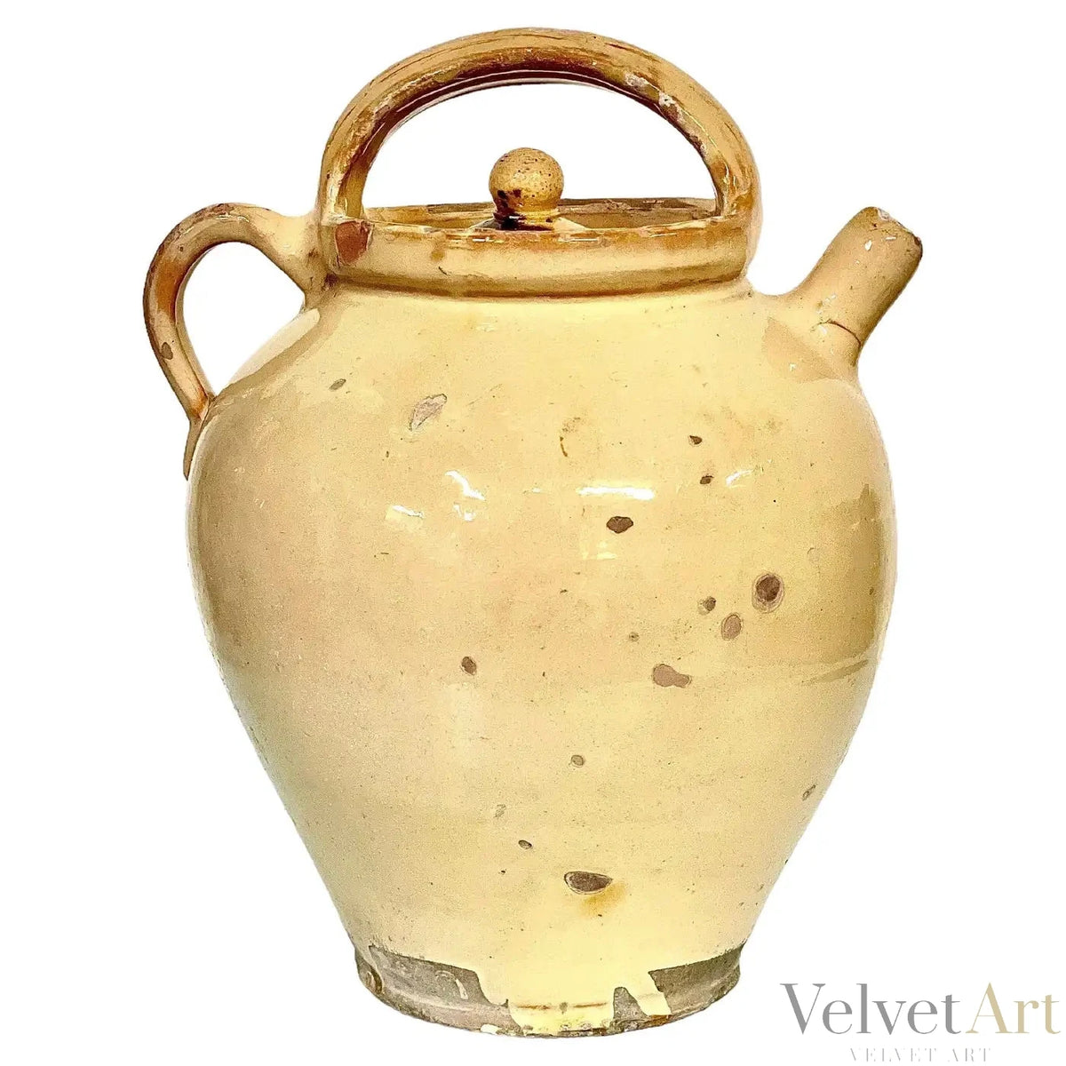 Cruche Provenzal de Loza Esmaltada en Ocre del Siglo XIX
