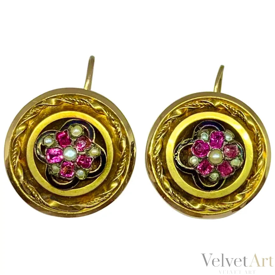 Pendientes Victorianos con Motivo Floral de Rubí y Perla del Siglo XIX