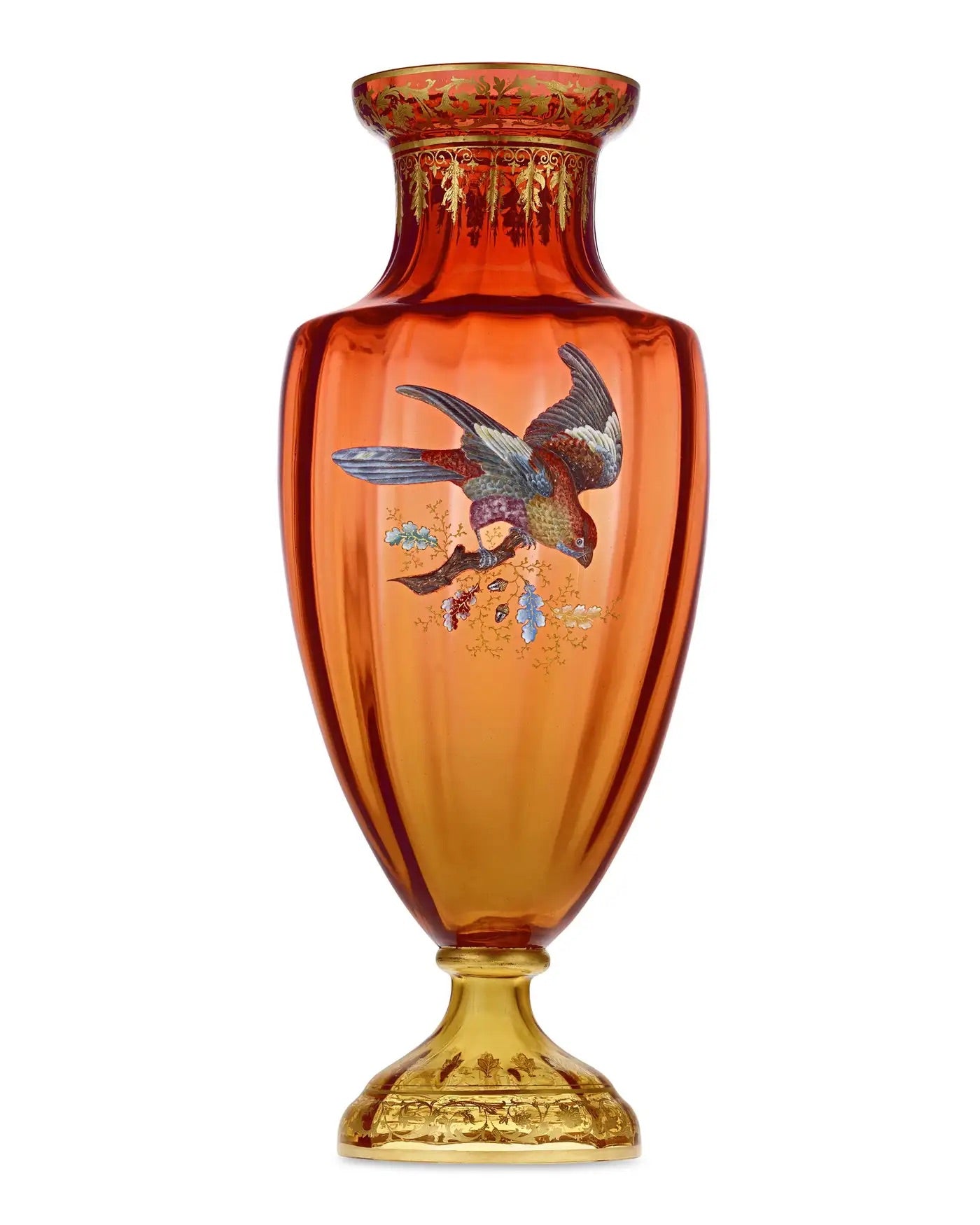 Jarrón de Moser con Pájaro Dorado y Esmaltado