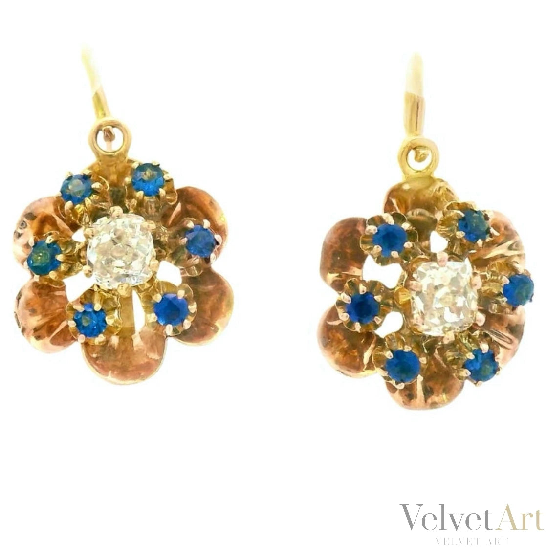 Pendientes Victorianos Motivo Floral con Diamantes y Zafiros de 1890