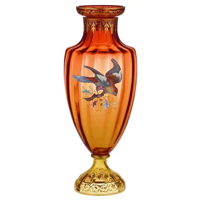 Jarrón de Moser con Pájaro Dorado y Esmaltado