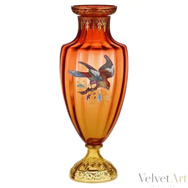 Jarrón de Moser con Pájaro Dorado y Esmaltado