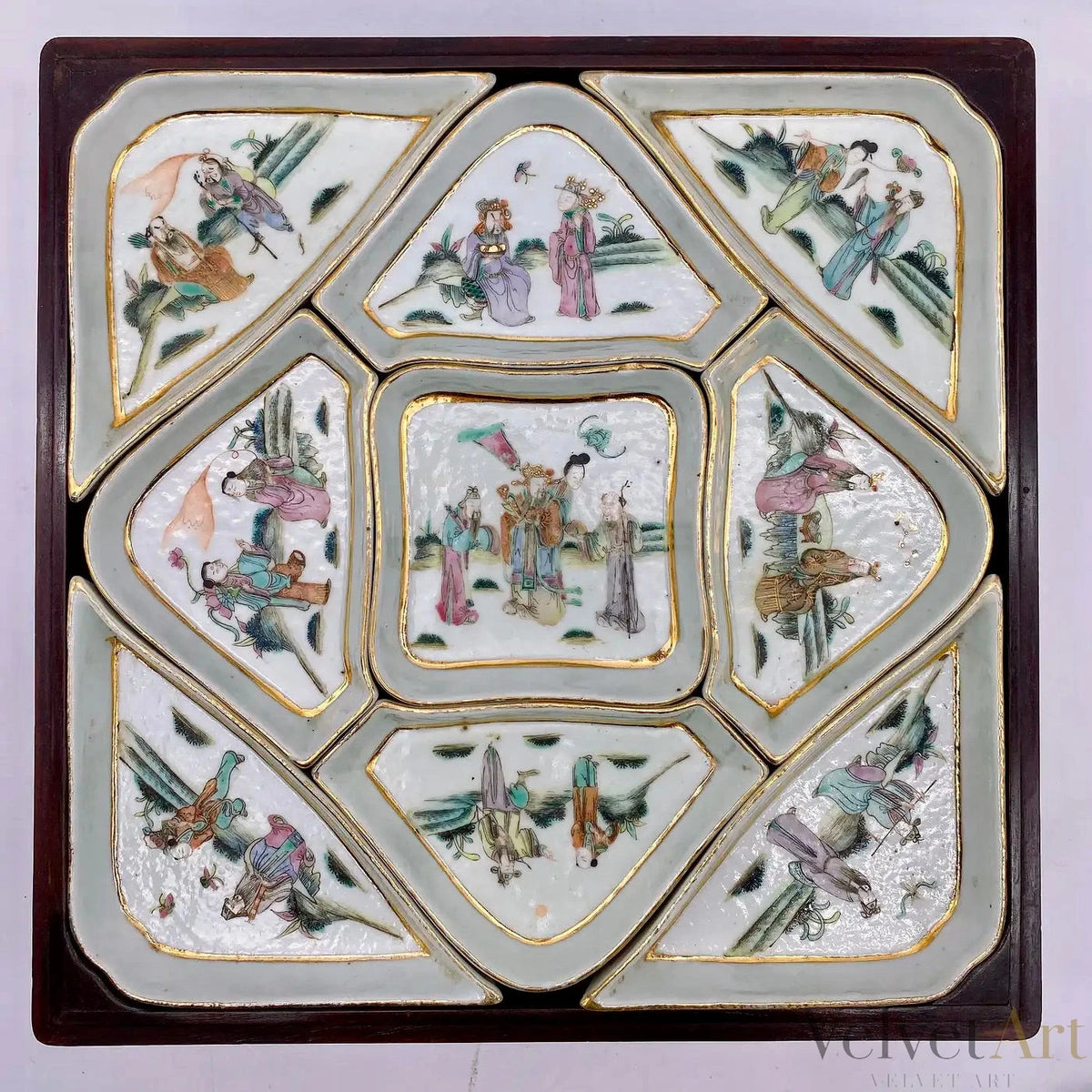 9 Platos Dulceros Famille Rose con Caja de Palo de Rosa | Porcelana Qing