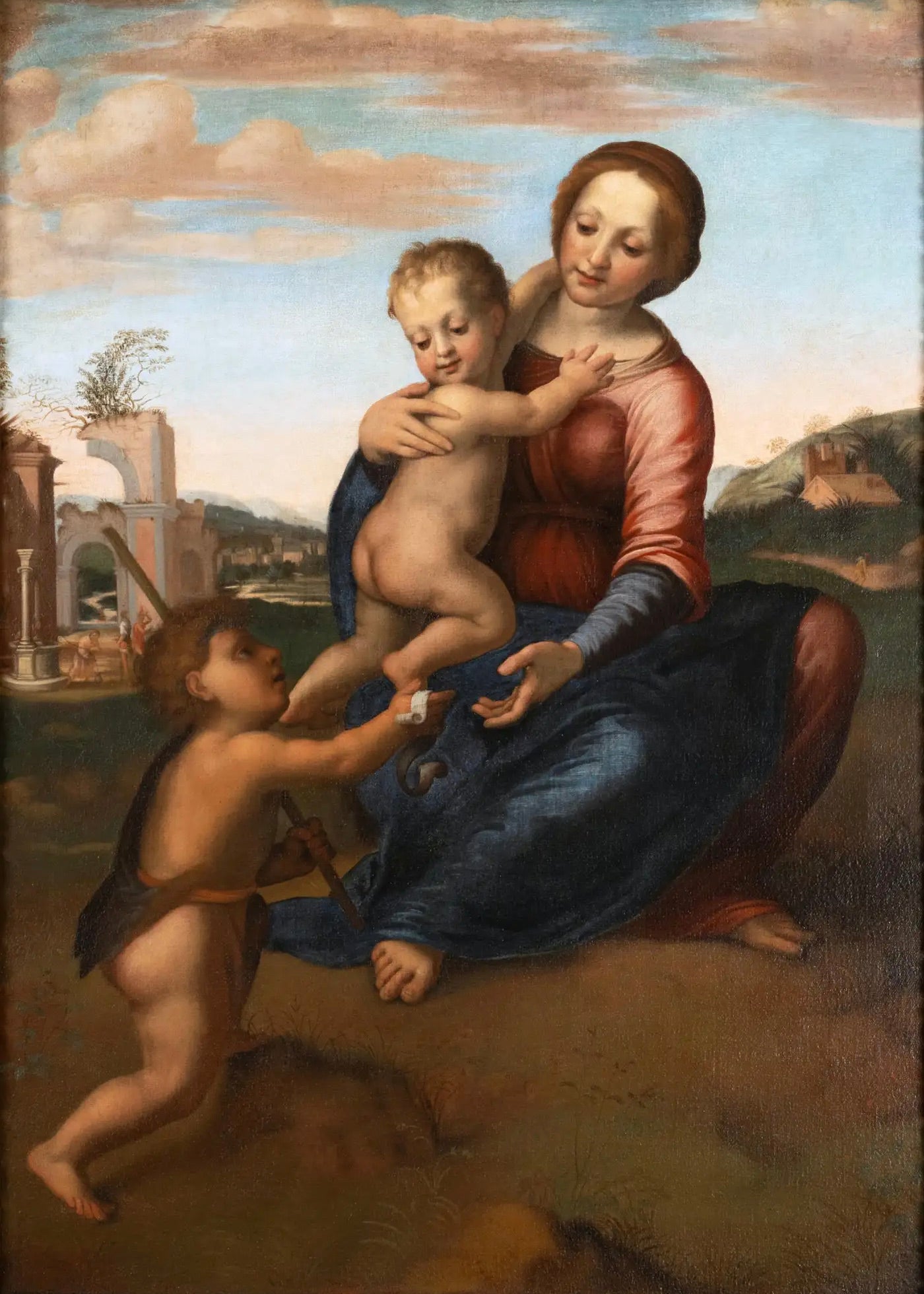 La Virgen con el Niño y San Juan Bautista: Pintura Italiana del Siglo XVII Inspirada en Franciabigio