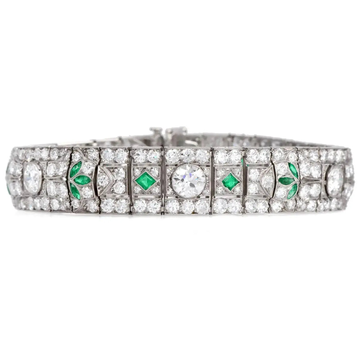 Pulsera Estilo Art Deco | Diamantes y Esmeraldas | Francia, 1920