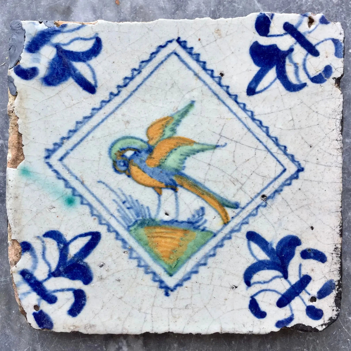 “Pájaro” | Azulejo Policroma de Delft del Siglo XVII