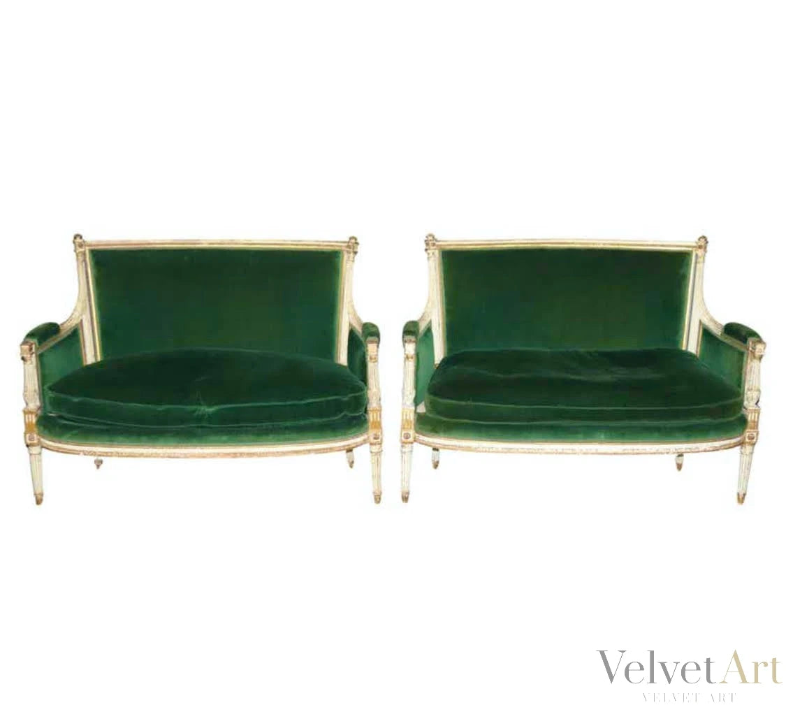 Sofás de Terciopelo Verde Estilo Luis XVI, Francia, 1890