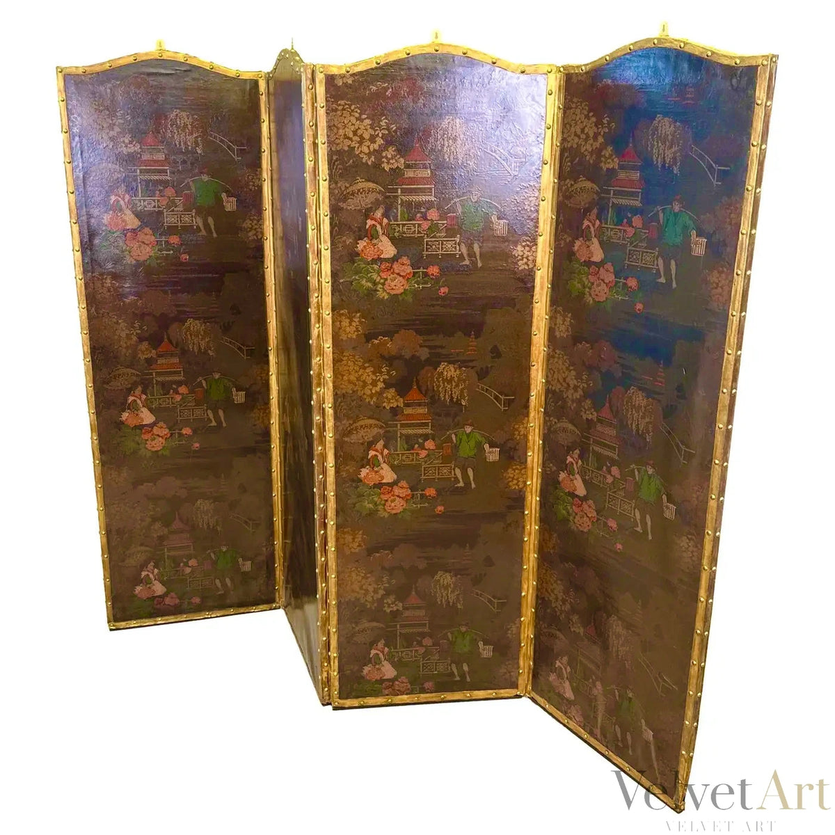 Biombo Chinoiserie Victoriano de Cuero y Cuatro Pliegues | Inglaterra, 1890