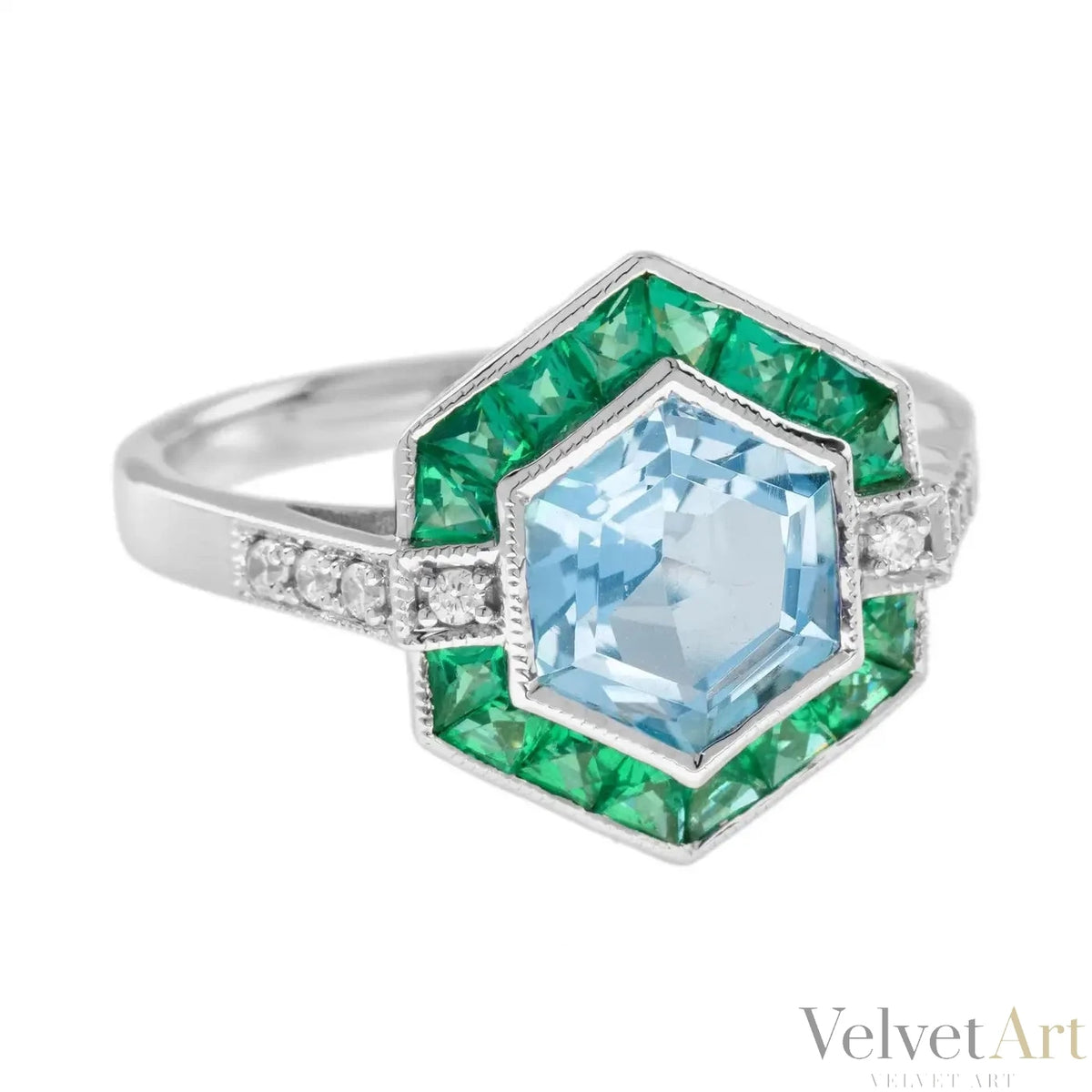 Anillo Hexágono Esmeralda y Aguamarina – vista 2 de 4