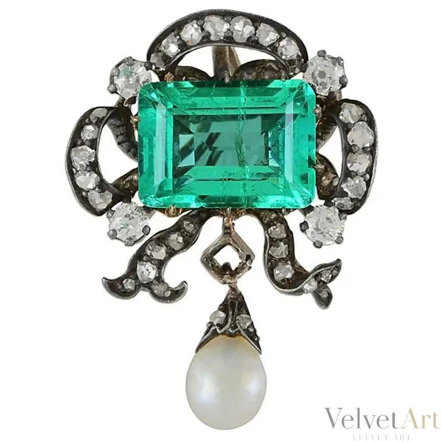 Colgante Victoriano Esmeralda Colombiana, Perla y Diamantes de 1880