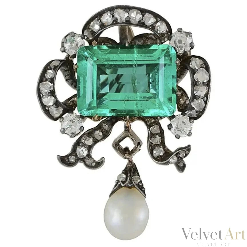 Colgante Victoriano Esmeralda Colombiana, Perla y Diamantes de 1880