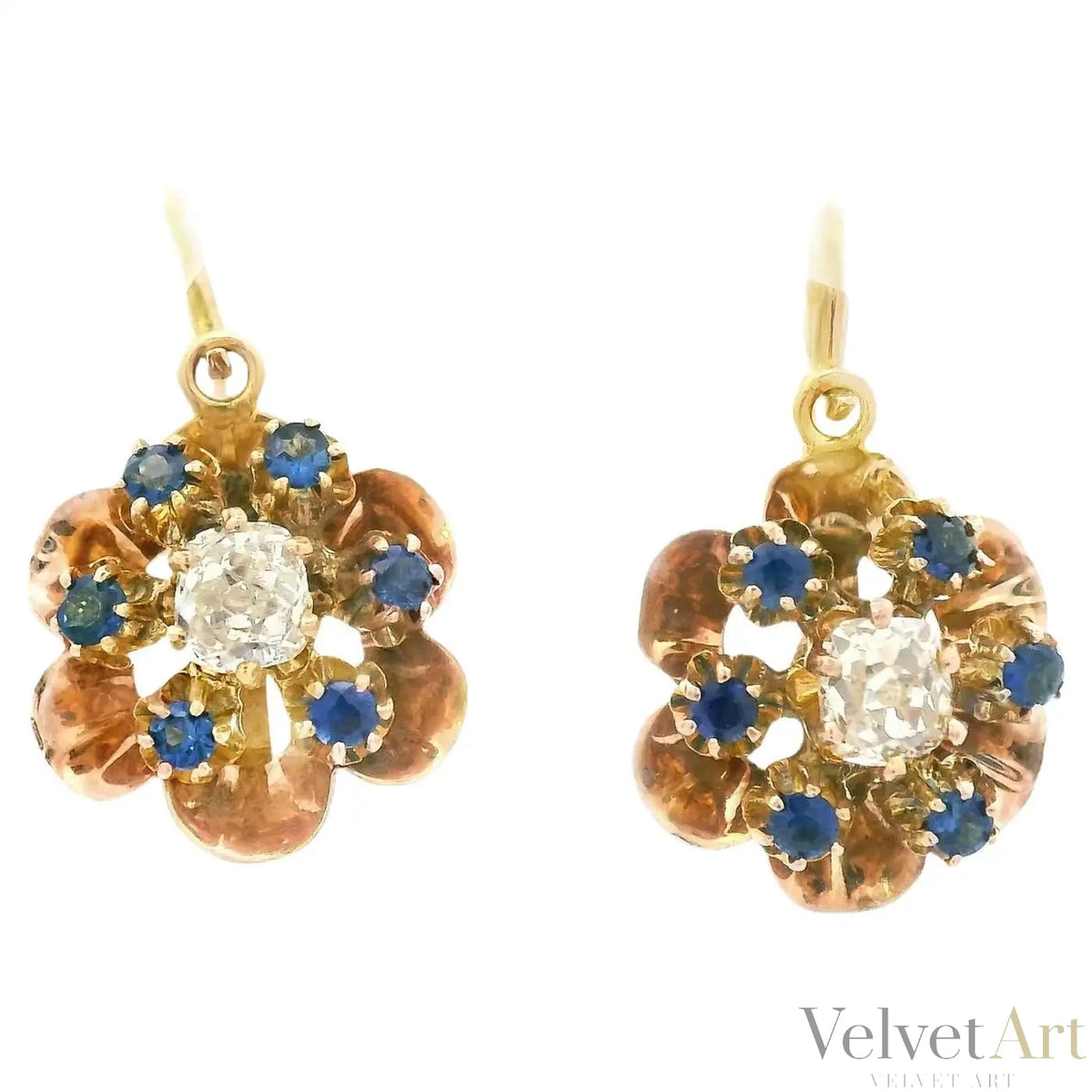 Pendientes Victorianos Motivo Floral con Diamantes y Zafiros de 1890