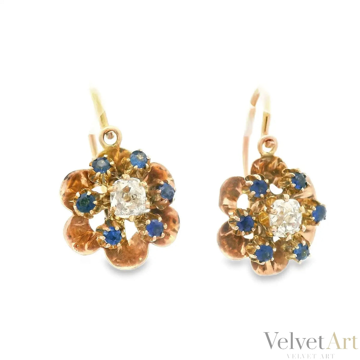 Pendientes Victorianos Motivo Floral con Diamantes y Zafiros de 1890