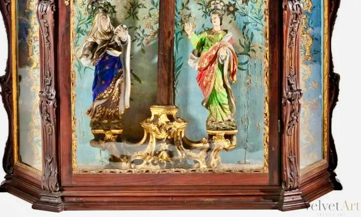 Oratorio portugués barroco del siglo XVIII en palisandro tallado con Calvario y dorado original