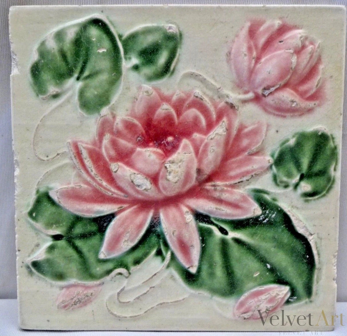 Azulejo Flor de Loto de Mayólica de colección Art Nouveau