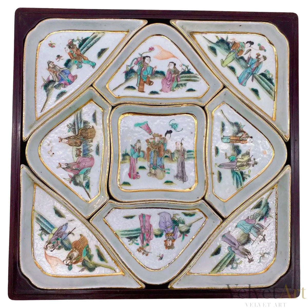 9 Platos Dulceros Famille Rose con Caja de Palo de Rosa | Porcelana Qing