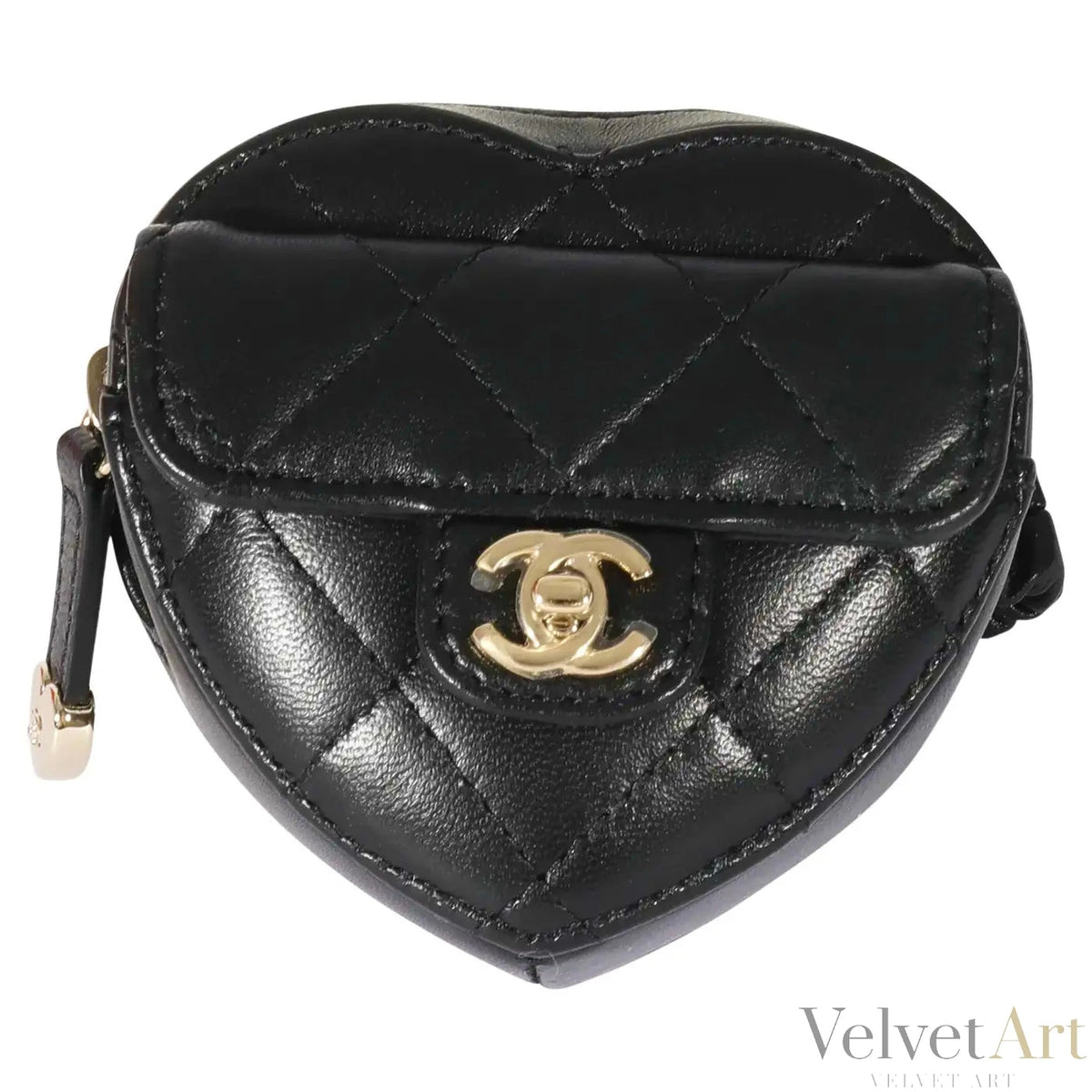 Chanel, Monedero Negro Acolchado de Piel con Forma de Corazón