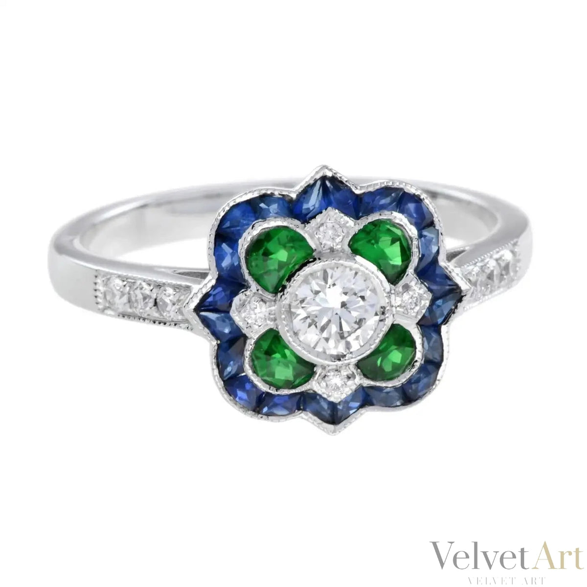 Anillo con Diamantes, Esmeraldas y Zafiro – vista 2 de 3