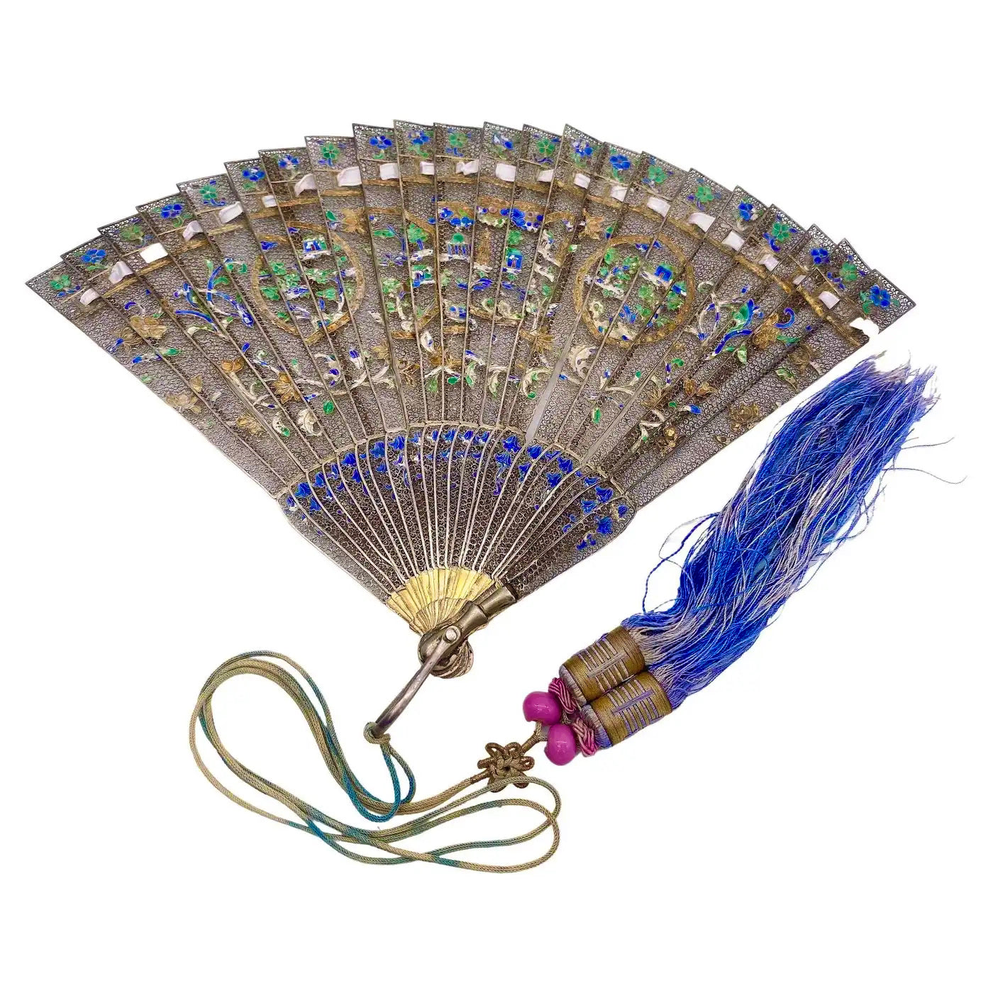 Abanico Chino de Filigrana de Plata Dorada y Esmalte | Dinastía Qing, principios del siglo XIX