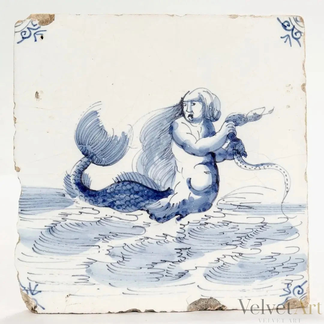 Sirena con Serpiente | Azulejo Holandés de Delft del Siglo XVIII