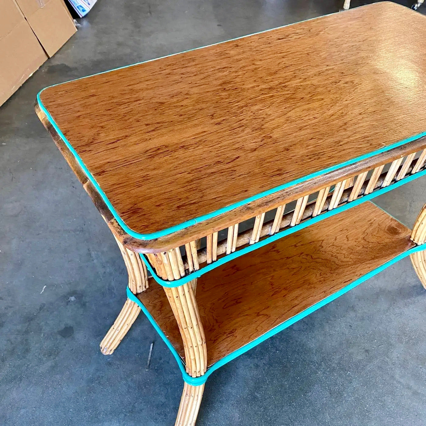 Consola de Ratán de Caña con Tapa de Caoba 1950s