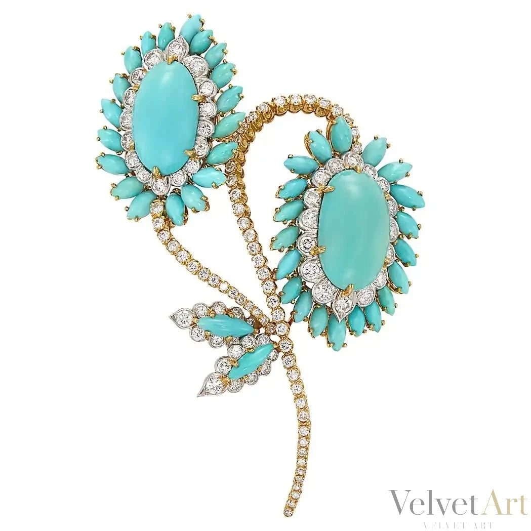 Broche Flor de Oro con Diamantes y Turquesas David Webb – vista 3 de 3