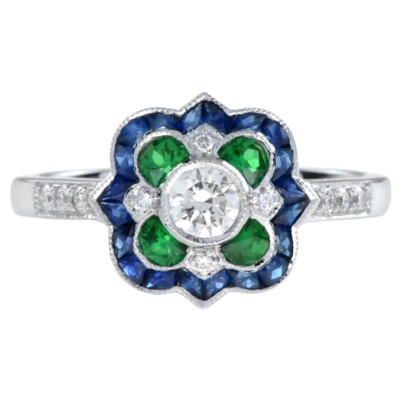 Anillo con Diamantes, Esmeraldas y Zafiro